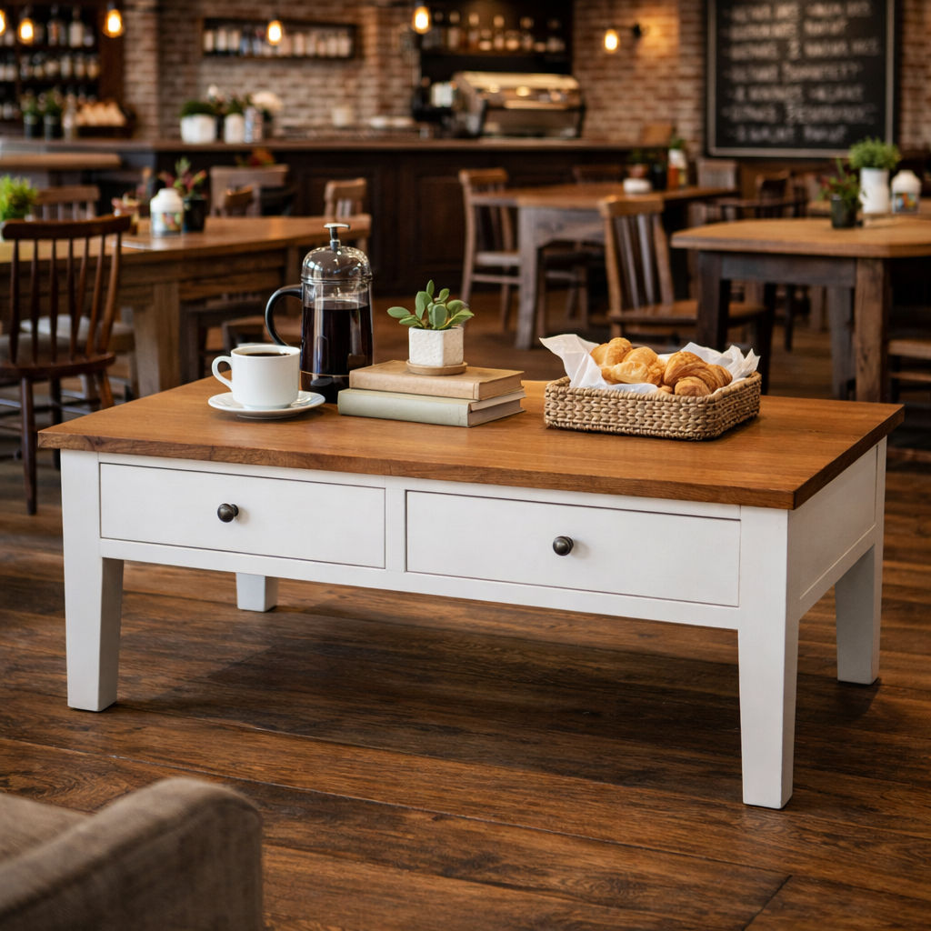 MERINE  OAK TOP/WHITE BASE 2-DRAWER 2-WAY COFFEE TABLE 120CM - MyChocolateWood
