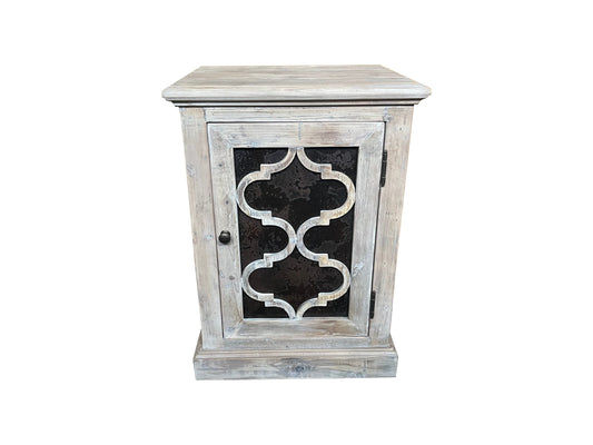 REINA GREYWASHED RECYCLED TIMBER/HERITAGE METAL 1-DOOR BEDSIDE TABLE/CABINET - MyChocolateWood