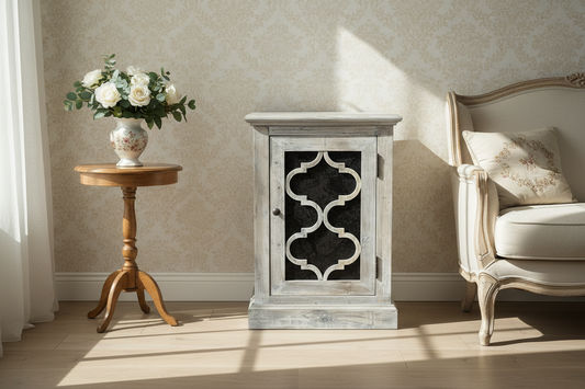 REINA GREYWASHED RECYCLED TIMBER/HERITAGE METAL 1-DOOR BEDSIDE TABLE/CABINET - MyChocolateWood