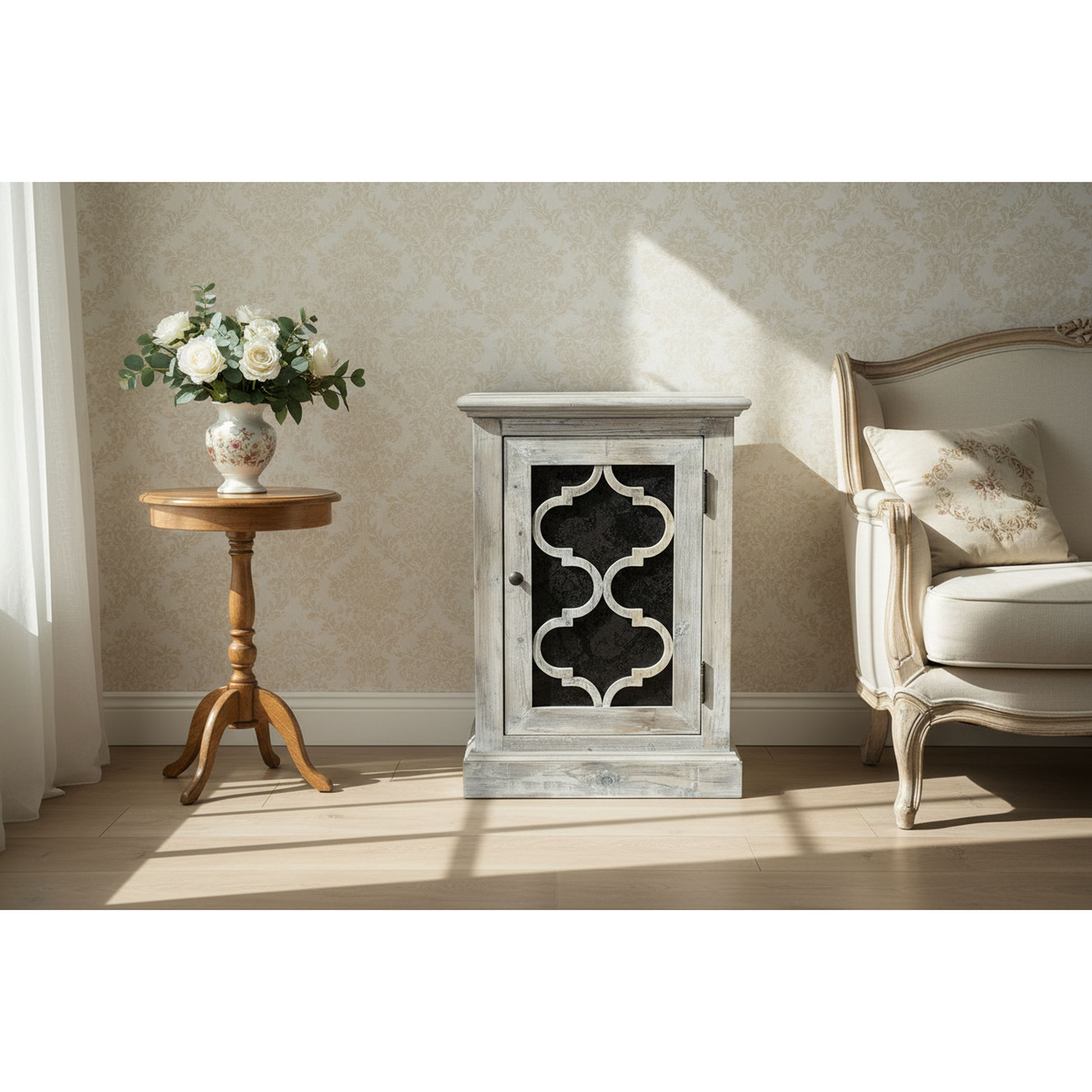 Reina Greywashed Recycled Timber 1-Door Bedside Table with Heritage Metal Panel - Chocolate Wood