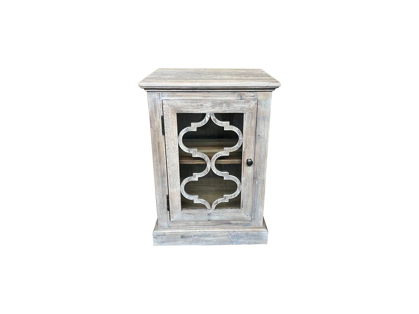 REINA GREYWASHED RECYCLED TIMBER/GLASS PANEL 1-DOOR BEDSIDE TABLE/CABINET - MyChocolateWood