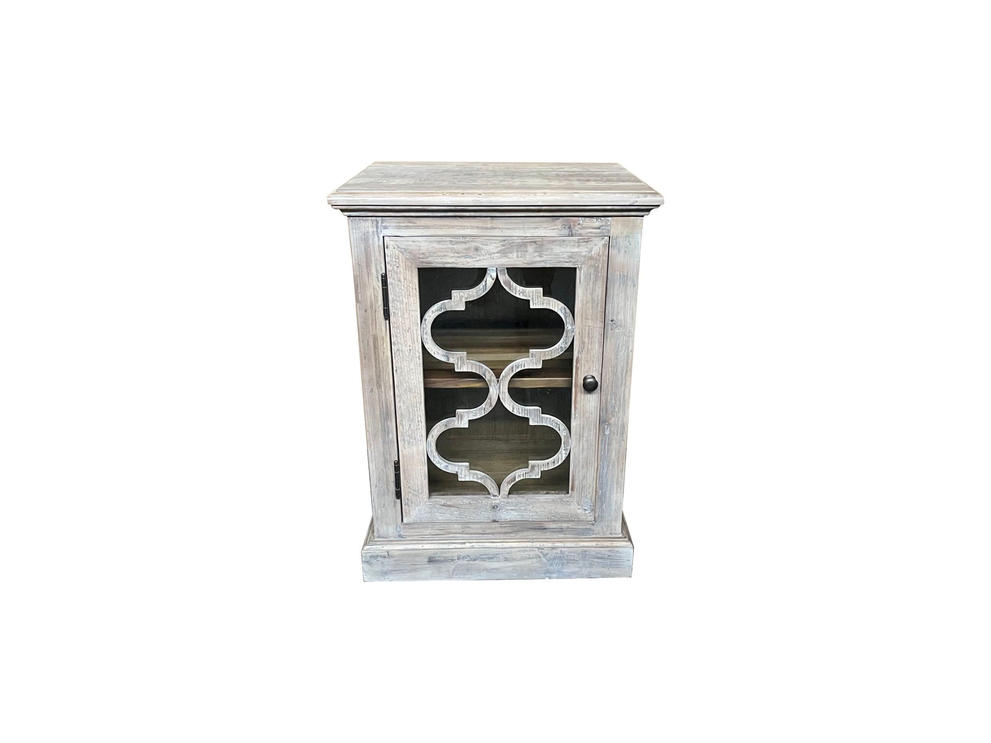 REINA GREYWASHED RECYCLED TIMBER/GLASS PANEL 1-DOOR BEDSIDE TABLE/CABINET - MyChocolateWood