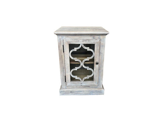 REINA GREYWASHED RECYCLED TIMBER/GLASS PANEL 1-DOOR BEDSIDE TABLE/CABINET - MyChocolateWood