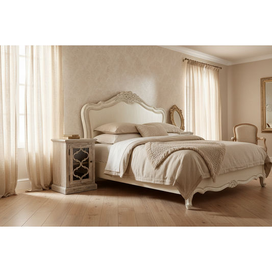REINA GREYWASHED RECYCLED TIMBER/GLASS PANEL 1-DOOR BEDSIDE TABLE/CABINET - MyChocolateWood