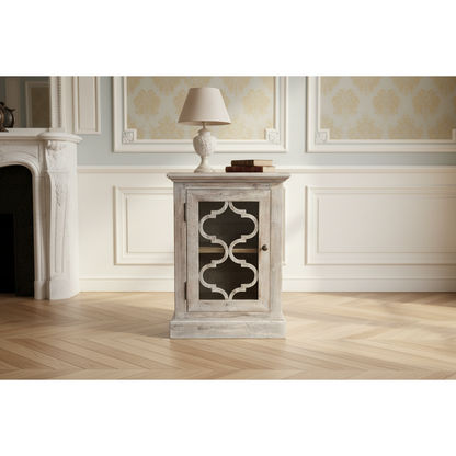 REINA GREYWASHED RECYCLED TIMBER/GLASS PANEL 1-DOOR BEDSIDE TABLE/CABINET