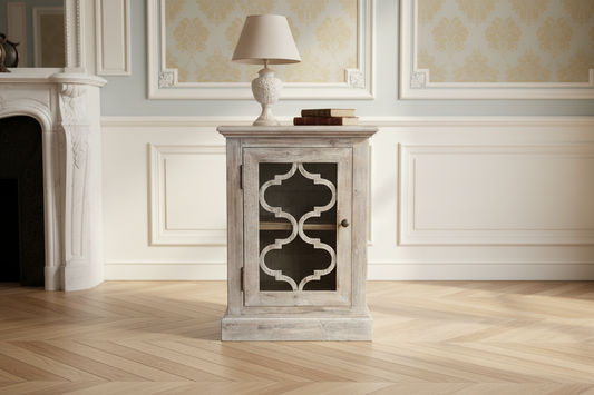 REINA GREYWASHED RECYCLED TIMBER/GLASS PANEL 1-DOOR BEDSIDE TABLE/CABINET - MyChocolateWood