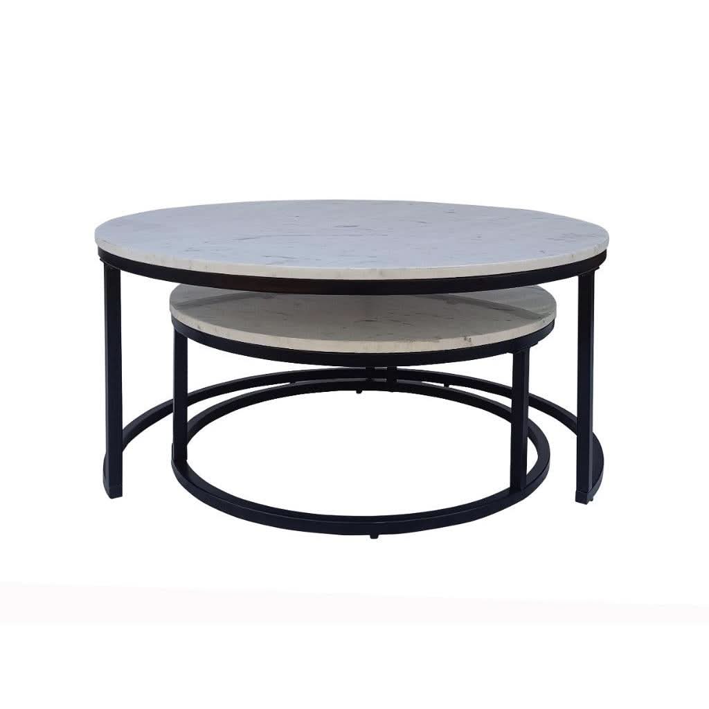 PEARSE SET OF 2 COFFEE TABLES WHITE MARBLE TOP/BLACK METAL LEGS - MyChocolateWood