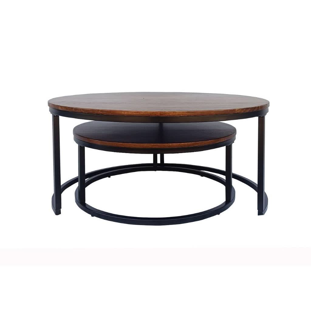 CABOT SET OF 2 COFFEE TABLES  MANGO WOOD WALNUT COLOURED TOPS WITH BLACK METAL LEGS - MyChocolateWood