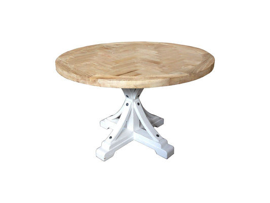 GIBRALTAR HAMPTON STYLE ROUND PARQUETRY DINING TABLE WITH LIGHT WHITE DISTRESSED LEGS IN 1200MM DIAMETER - MyChocolateWood