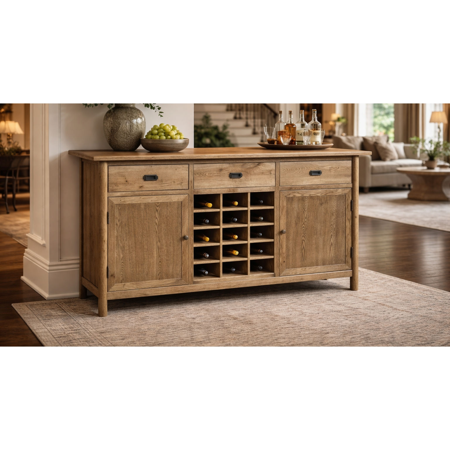 FITAN SOLID OAK SIDEBOARD/BUFFET W/ 15 BOTTLE WINE RACK 3 DRAWER 2-DOOR 130CM - MyChocolateWood
