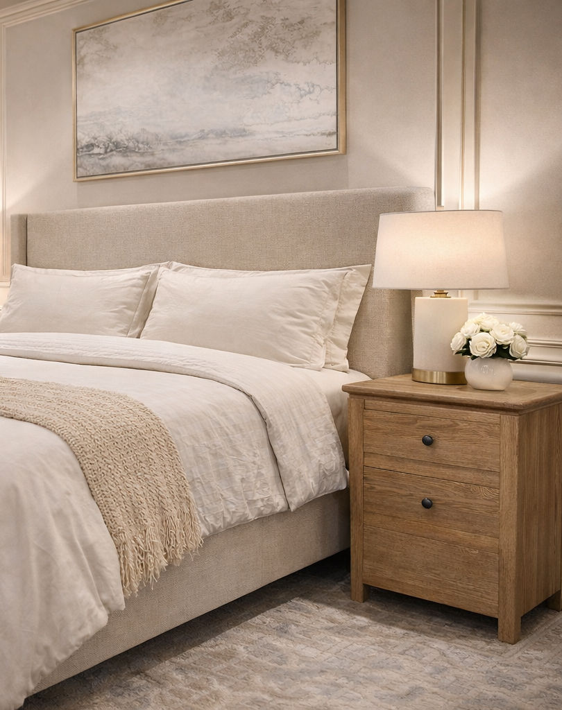 Pair of solid oak bedside tables with two drawers from MyChocolateWood, featuring a sleek natural wood finish and practical storage.