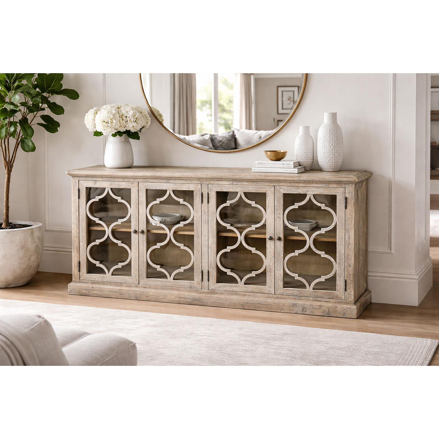 REINA GREYWASHED RECYCLED TIMBER/GLASS 4-DOOR BUFFET/SIDEBOARD - MyChocolateWood
