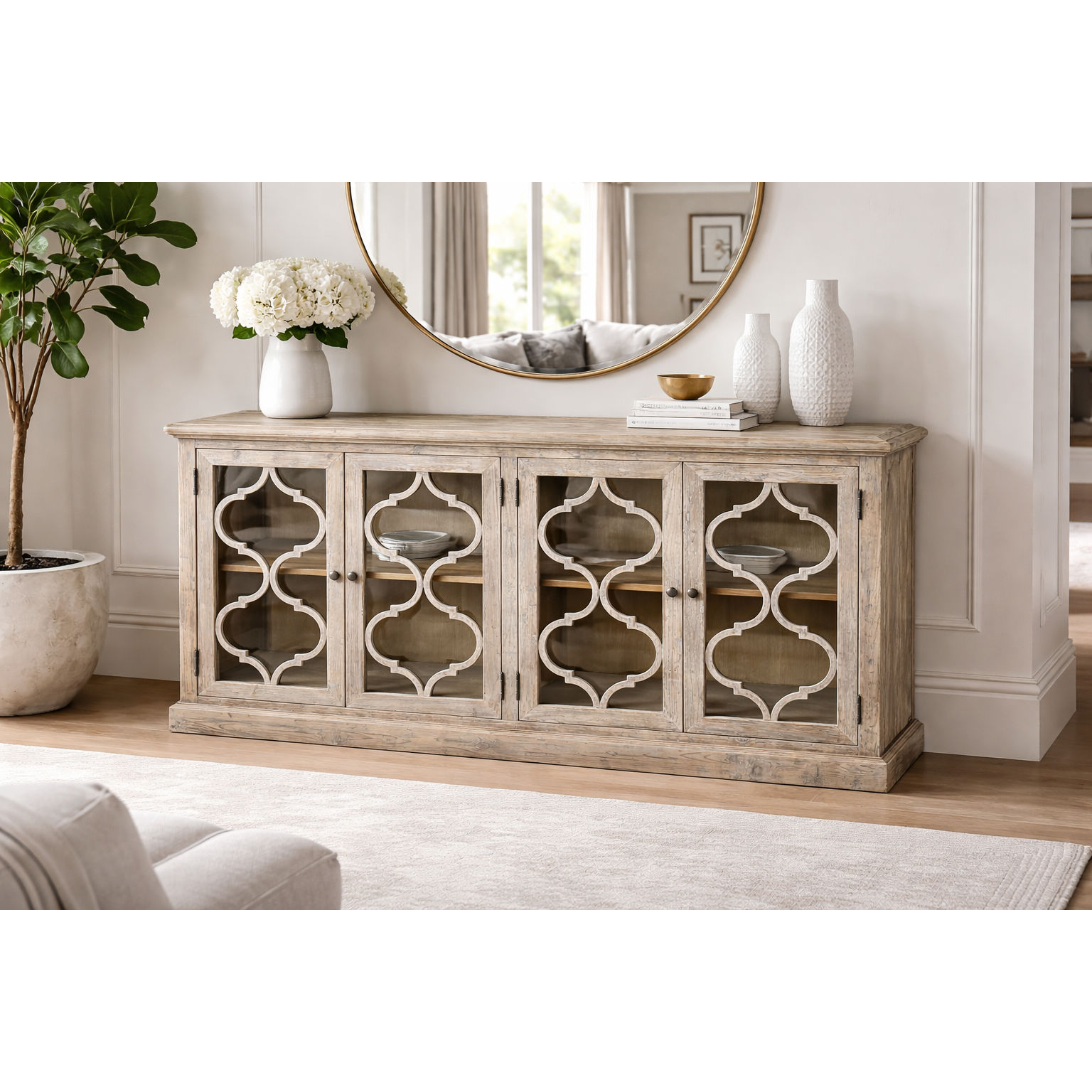 REINA GREYWASHED RECYCLED TIMBER/GLASS 4-DOOR BUFFET/SIDEBOARD - MyChocolateWood