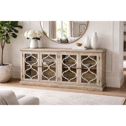 REINA GREYWASHED RECYCLED TIMBER/GLASS 4-DOOR BUFFET/SIDEBOARD - MyChocolateWood