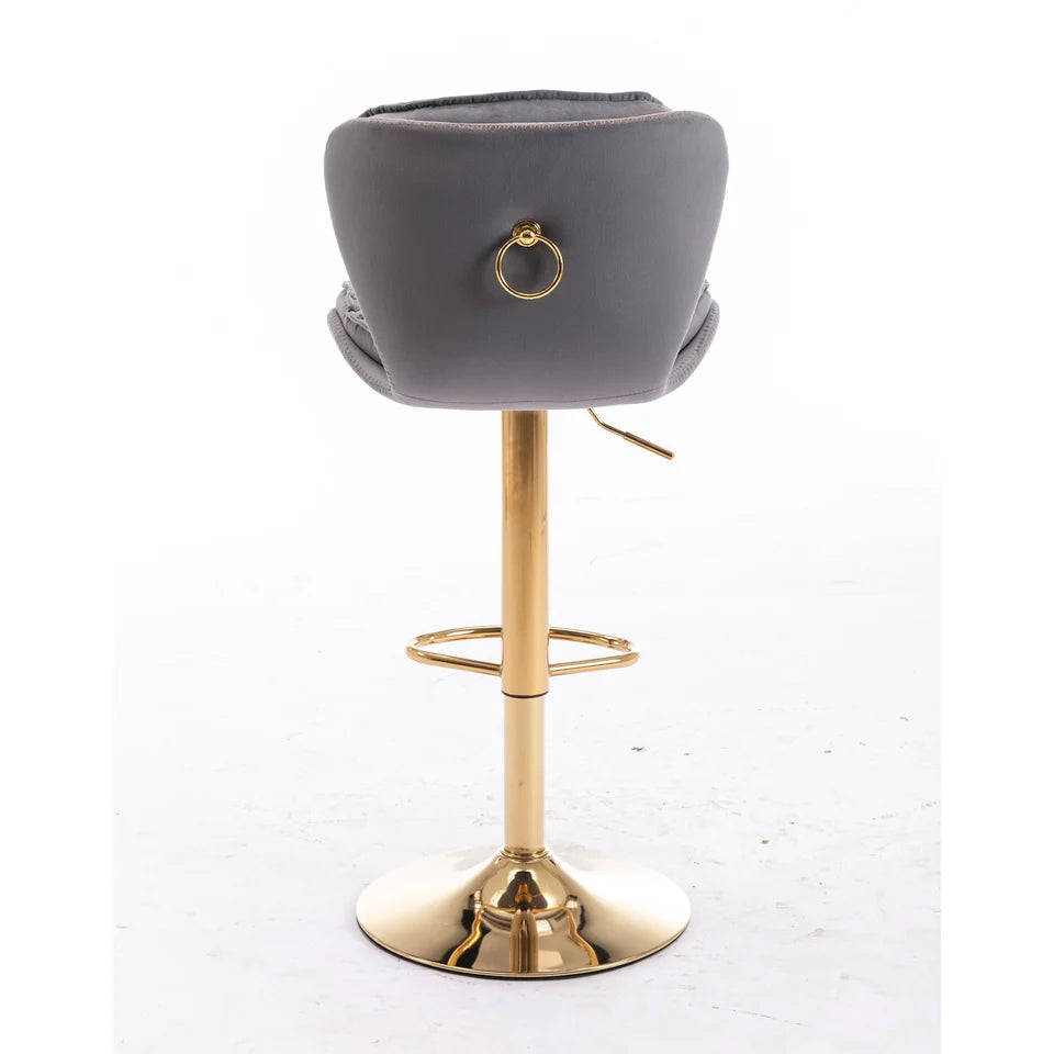Bassey Plush Velvet Grey & Gold Gas Lift Swivel Bar Stool