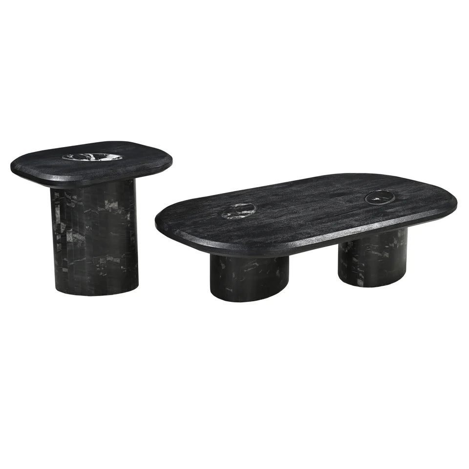 Sable Handmade Coffee Table - Mango Hardwood Top with Marble Inset Detail & Solid Marble Legs