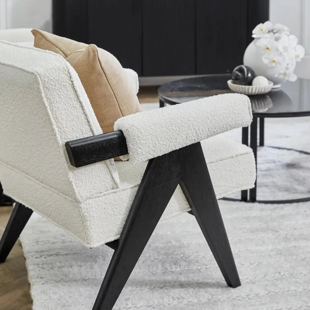 LAYTON WHITE/BLACK BOUCLE ARMCHAIR - MyChocolateWood