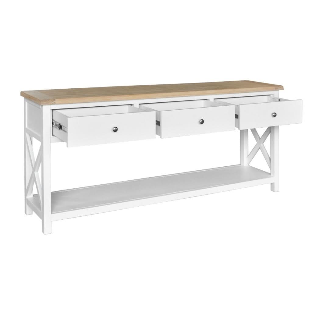 CHRISTA HAMPTON SOLID ACACIA 3-DRAWER CONSOLE TABLE HALL TABLE LIGHT OAK/WHITE - MyChocolateWood