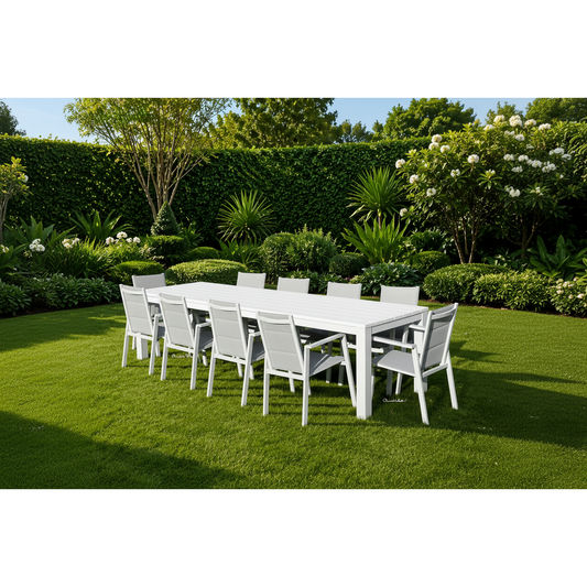 Finnigan 11 pce. Outdoor Aluminium Dining Set in White/Grey