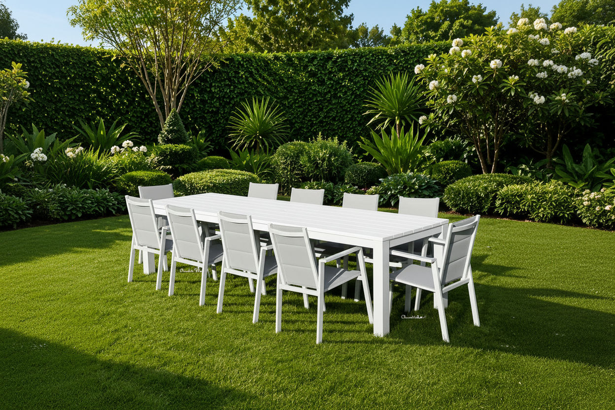 Finnigan 11 pce. Outdoor Aluminium Dining Set in White/Grey