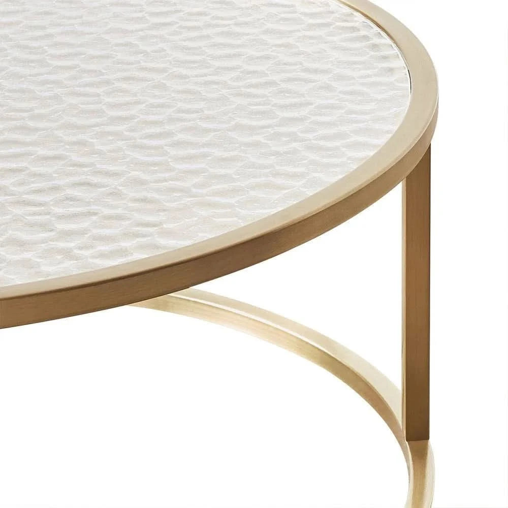 CLAUDIA SET OF 2 ROUND RIPPLED GLASS & GOLD NESTING COFFEE TABLES - MyChocolateWood