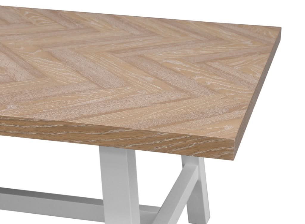 MIRAN PARQUETRY TOP DINING TABLE 190CM WHITEWASH OAK TOP/WHITE PAINTED BASE