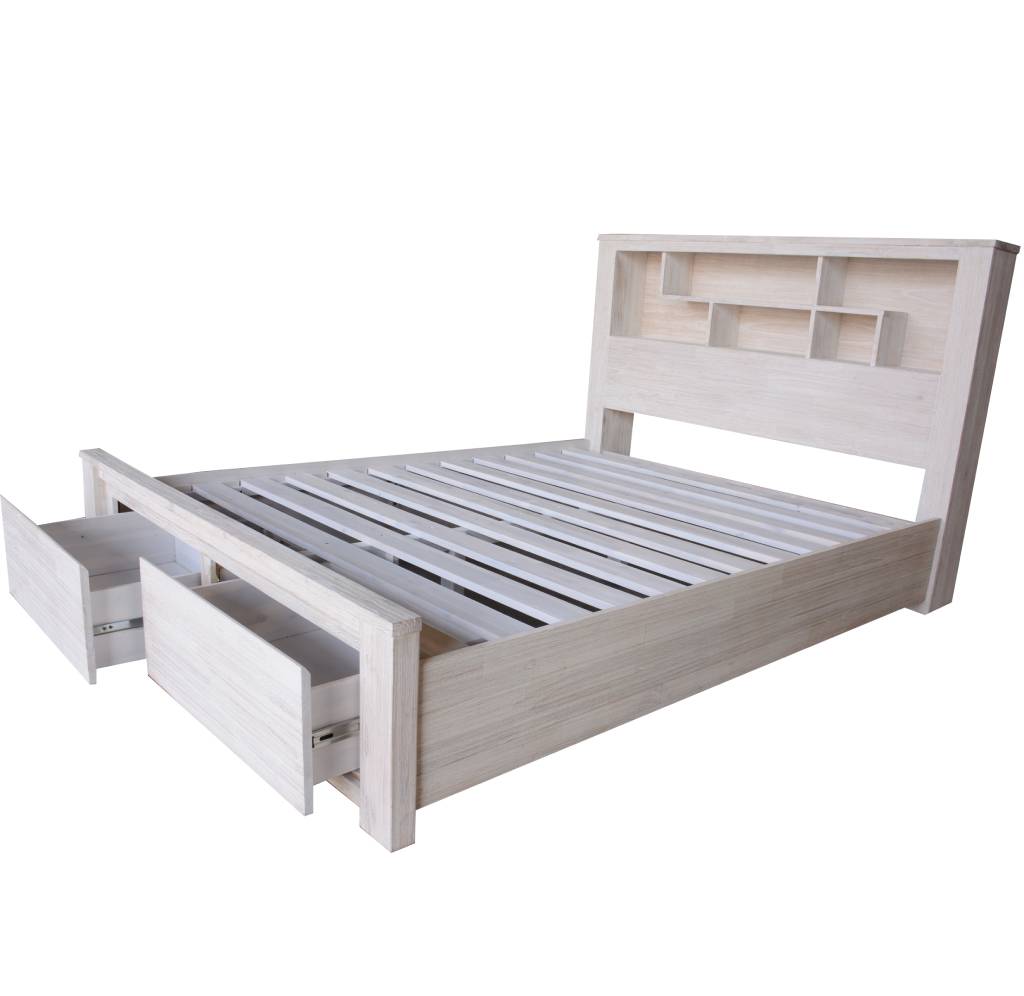OASIS KING BED WITH WOODEN BOOKCASE & 2 END STORAGE DRAWERS WHITE