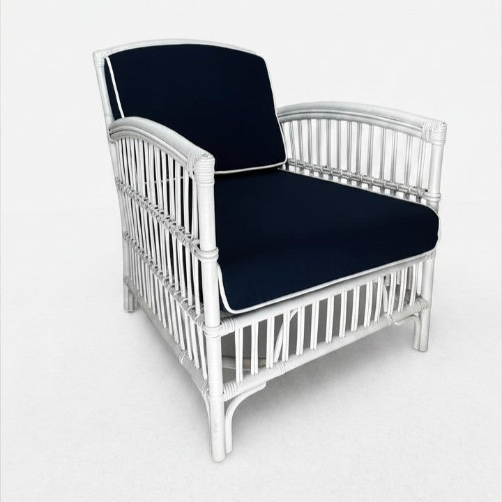 Shipton Hamptons Rattan Armchair in White with Navy Cushion