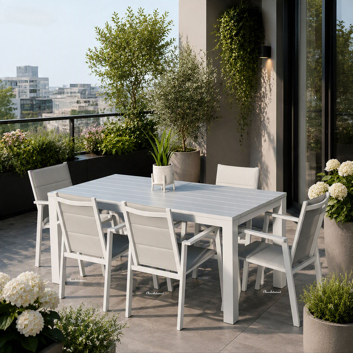 Finnigan 7 Piece Outdoor Aluminium Dining Set in White/Grey