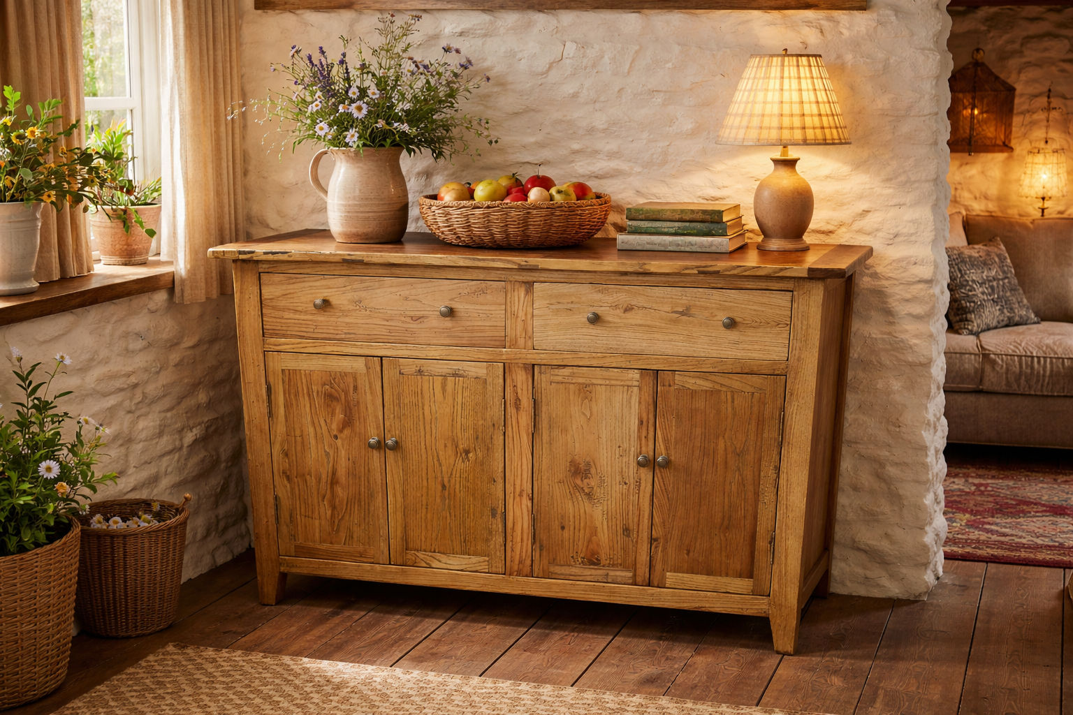 LINDI RECYCLED ELM RUSTIC COUNTRY STYLE BUFFET/SIDEBOARD  4 DOORS & 2 DRAWERS HONEY-140CM - MyChocolateWood