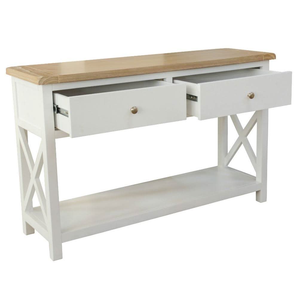 CHRISTA HAMPTON SOLID ACACIA 2-DRAWER CONSOLE TABLE HALL TABLE LIGHT OAK/WHITE - MyChocolateWood