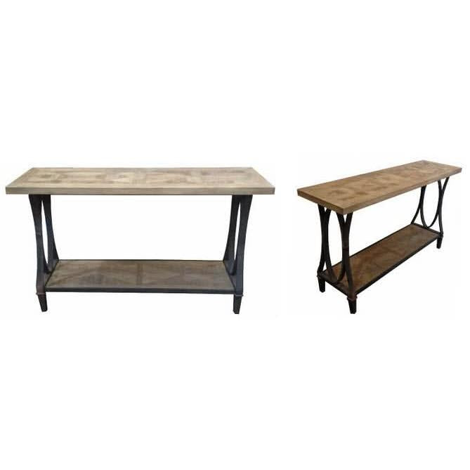 BECK RECYCLED ELM RUSTIC CONSOLE/HALL TABLE PARQUETRY TOP BLACK IRON BASE - MyChocolateWood