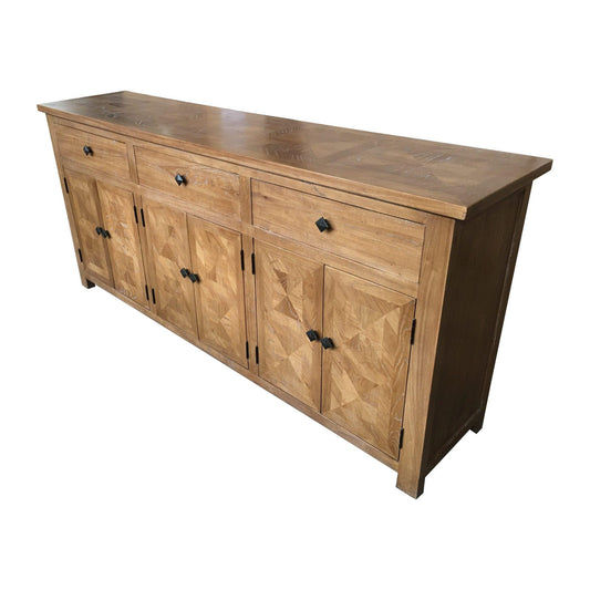 KENSIT HAMPTONS RUSTIC RECYCLED ELM BUFFET/ SIDEBOARD PARQUETRY PATTERN 3 DRAWERS 6 DOORS 200 CM