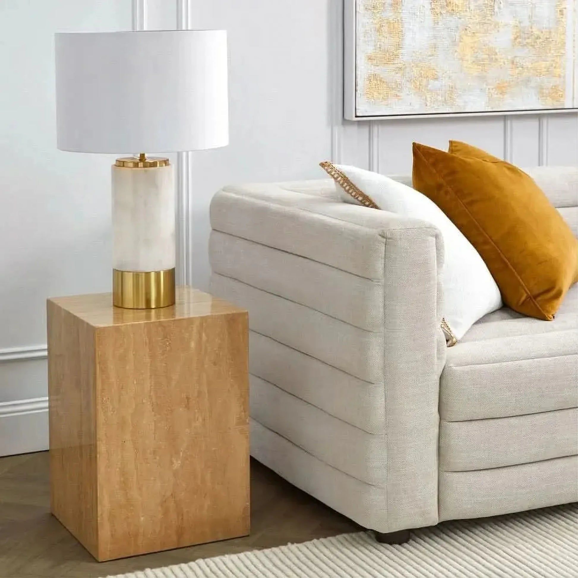 Meredith Fabric Sofa, 2-Seater in Natural Linen - Chocolate Wood