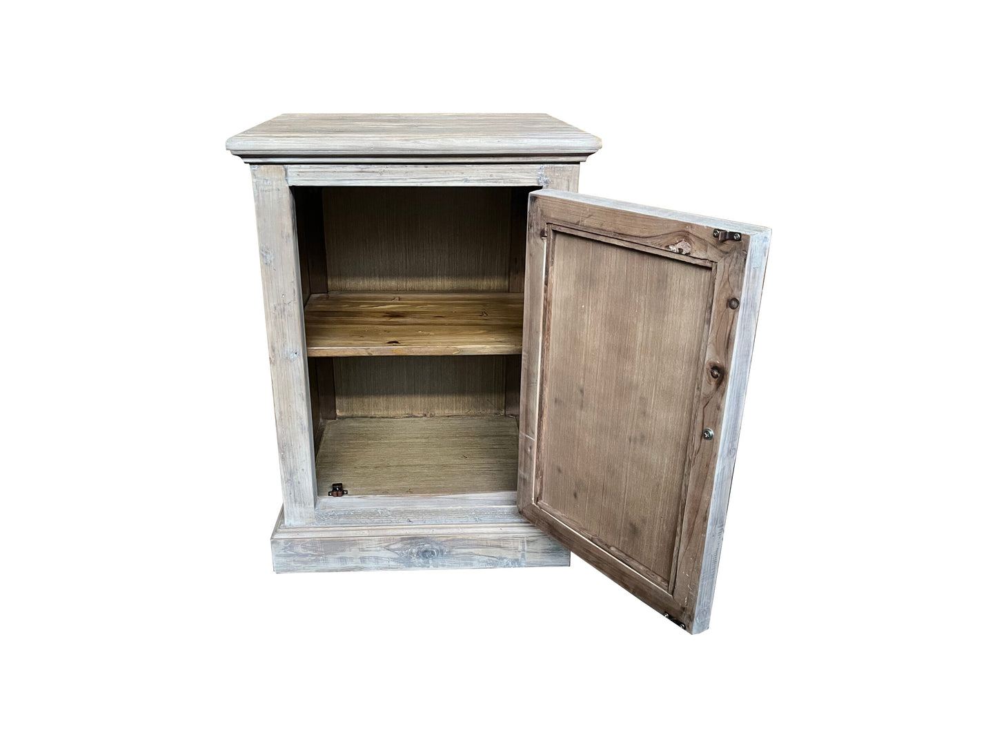 REINA GREYWASHED RECYCLED TIMBER/HERITAGE METAL 1-DOOR BEDSIDE TABLE/CABINET - MyChocolateWood