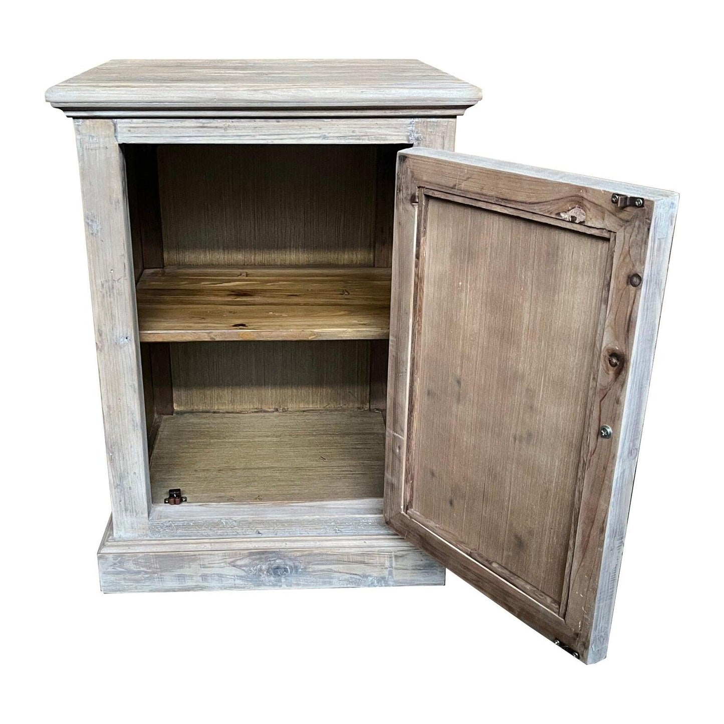Reina Greywashed Recycled Timber 1-Door Bedside Table with Heritage Metal Panel - Chocolate Wood