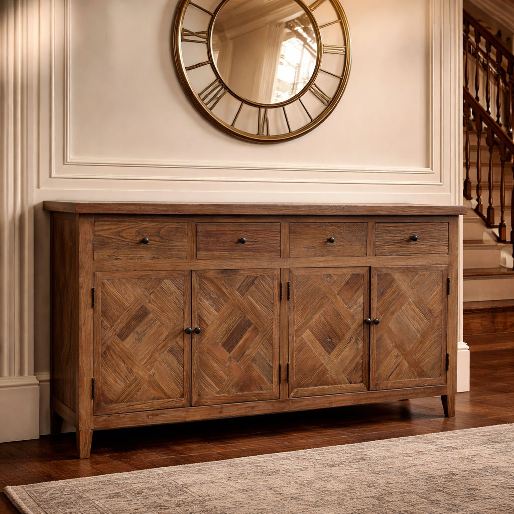 MORO RECYCLED ELM  BUFFET/SIDEBOARD 4 DRAWER 4 DOOR PARQUETRY PATTERN 180 CM - MyChocolateWood
