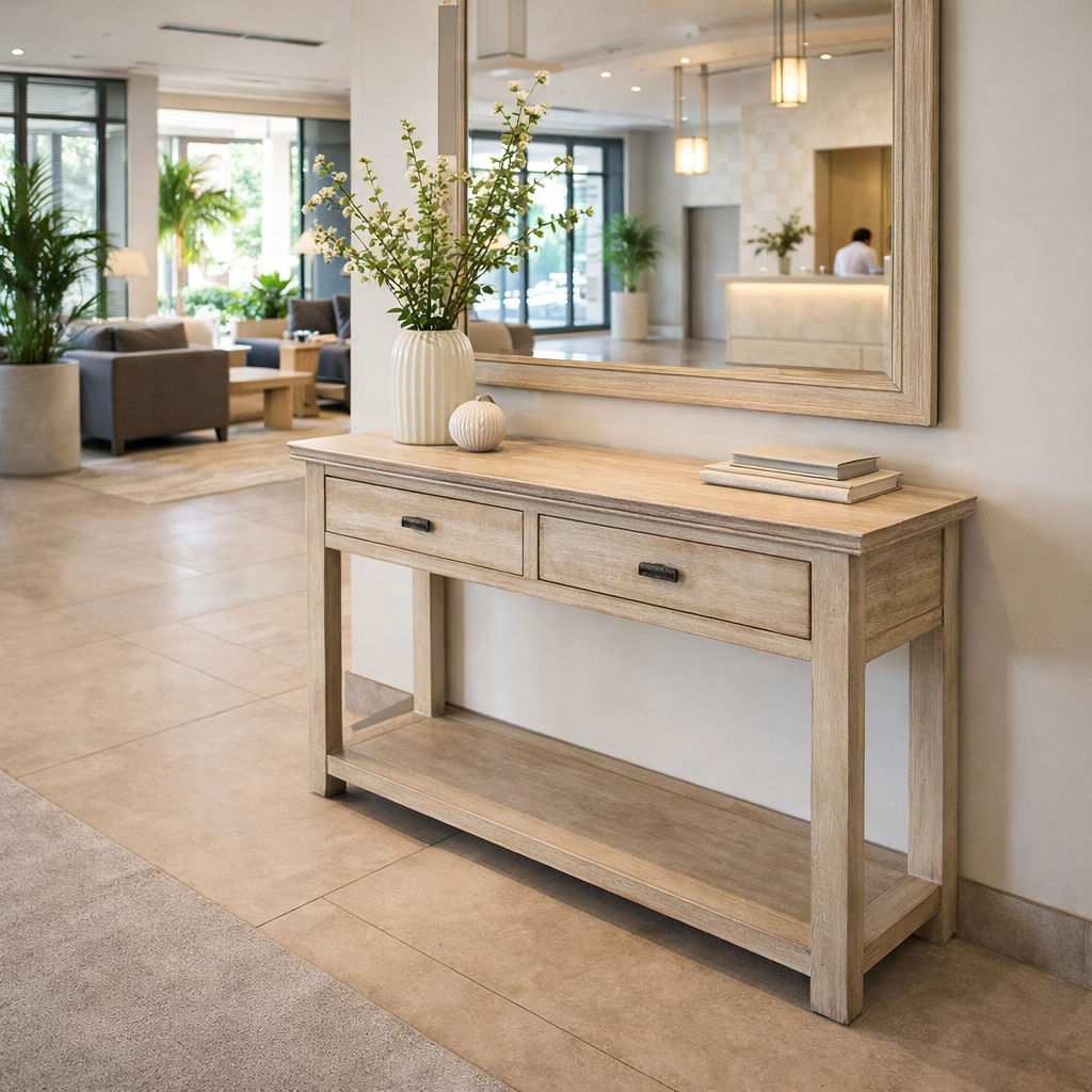 NEVANA RECYCLED ELM TIMBER 2 DRAWER CONSOLE TABLE/HALL TABLE - MyChocolateWood