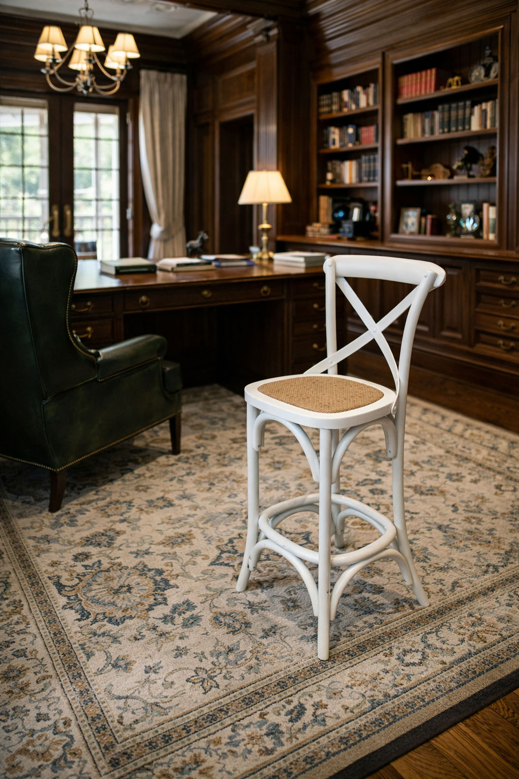 EMERSON WHITE CROSS BACK BAR STOOL WITH RATTAN SEAT - 65CM SEAT HEIGHT - MyChocolateWood