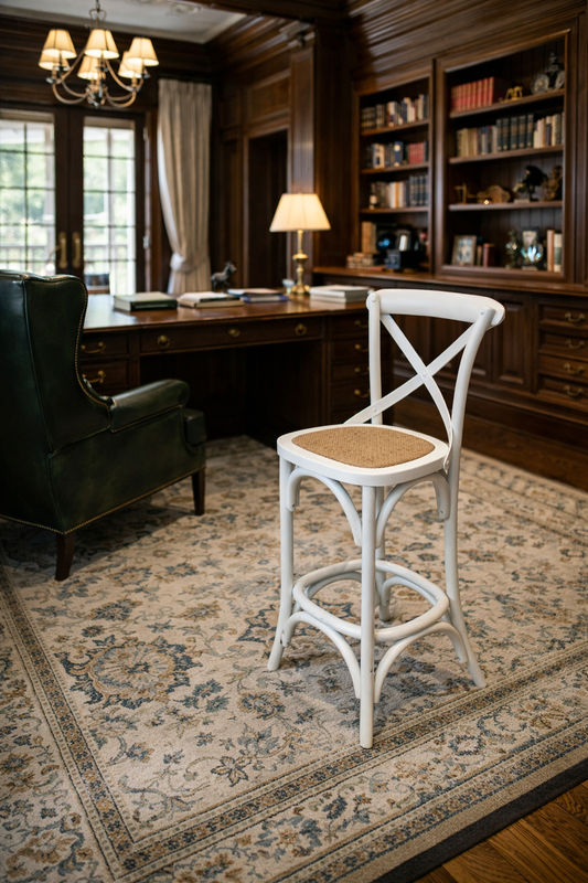 EMERSON WHITE CROSS BACK BAR STOOL WITH RATTAN SEAT - 65CM SEAT HEIGHT - MyChocolateWood