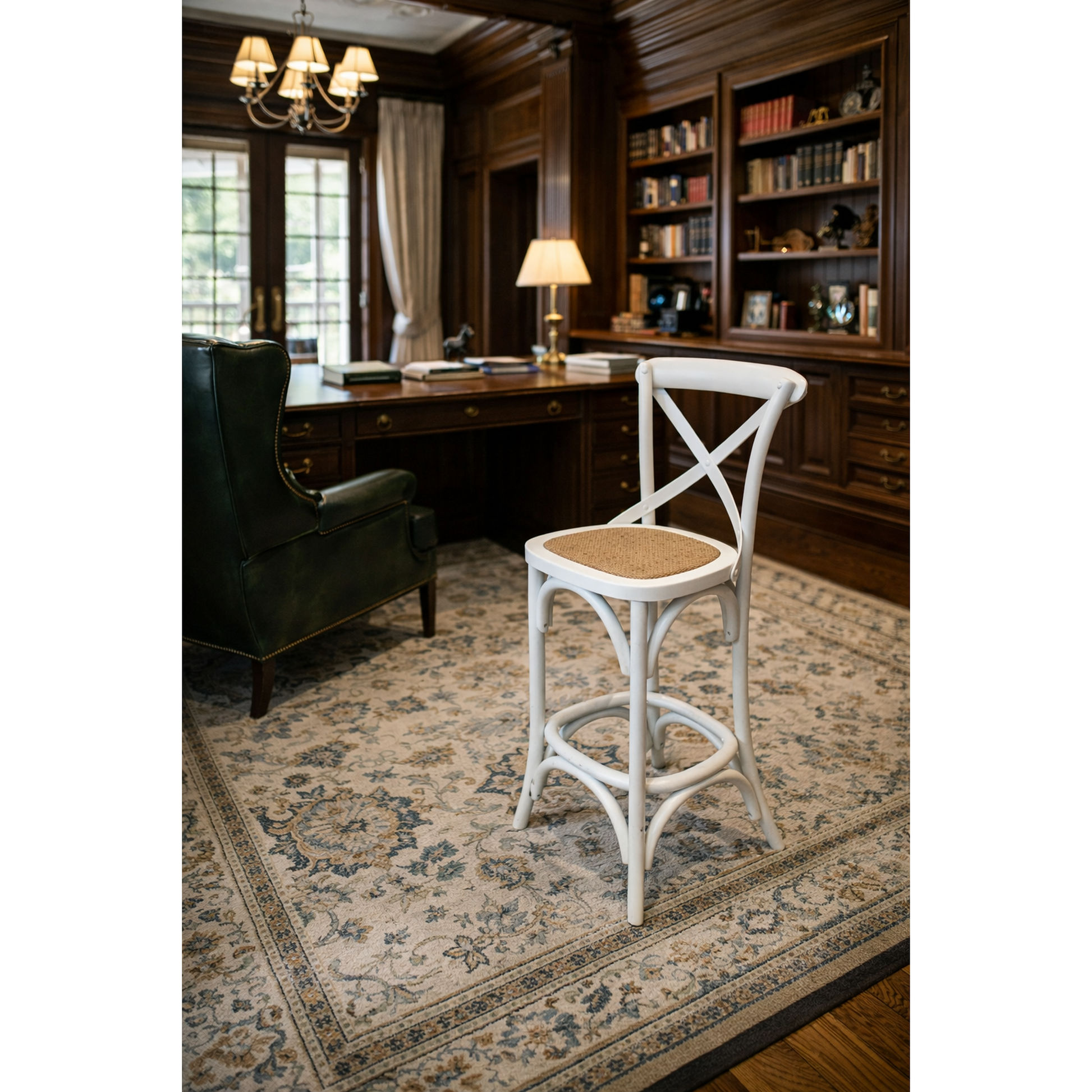 Emerson Cross Back Bar Stool with Rattan Seat in White - Chocolate Wood
