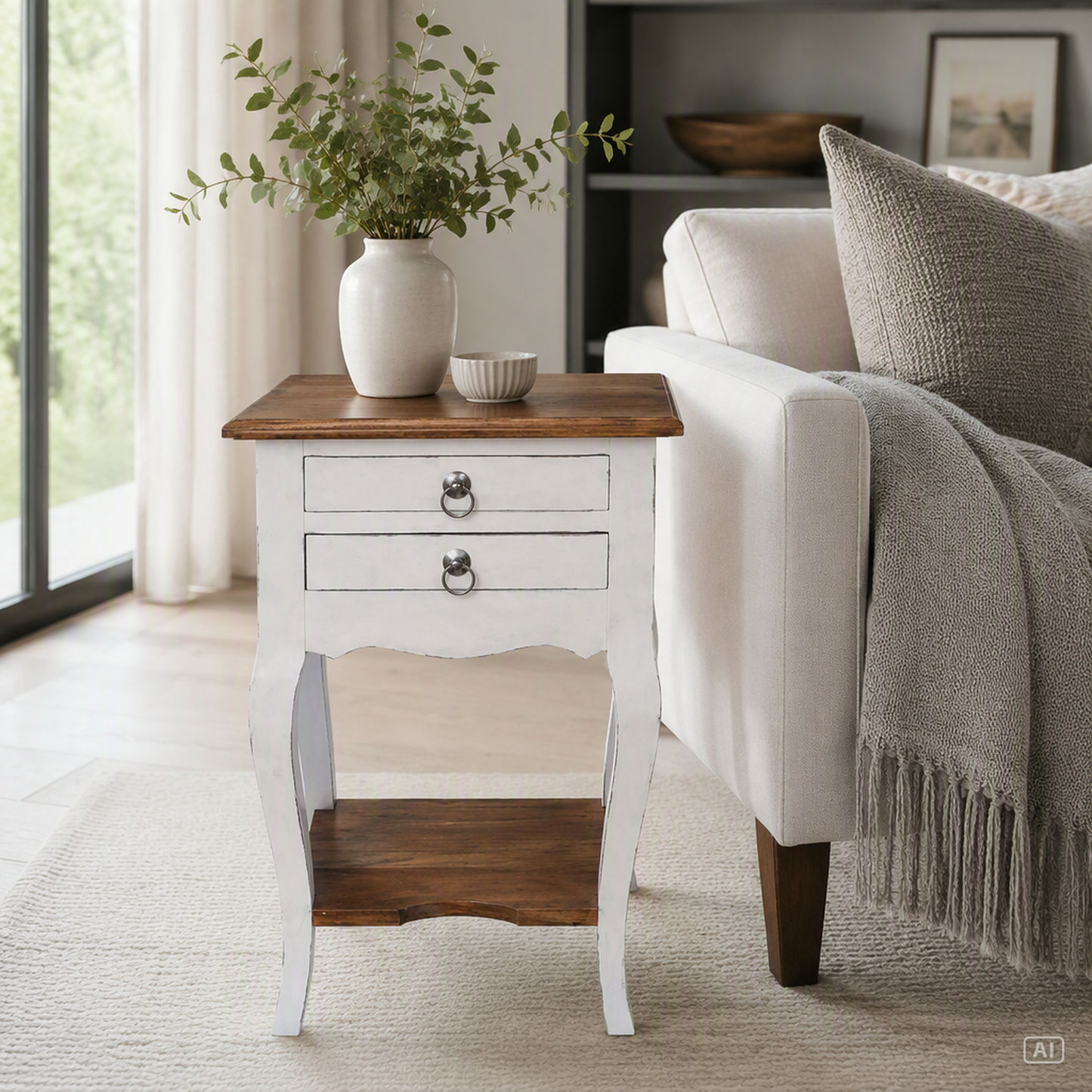 Astrid Quality Mahogany 2-Drawer Antique Side Table/Lamp Table White/Natural