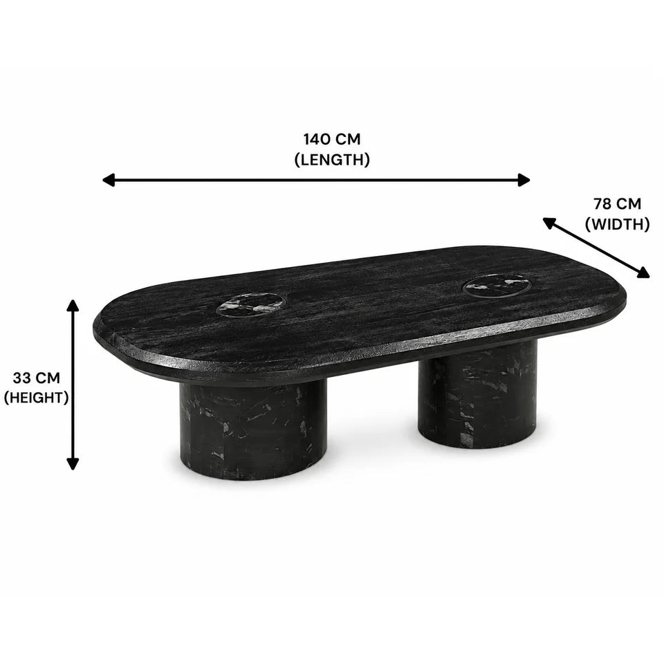 Sable Handmade Coffee Table - Mango Hardwood Top with Marble Inset Detail & Solid Marble Legs