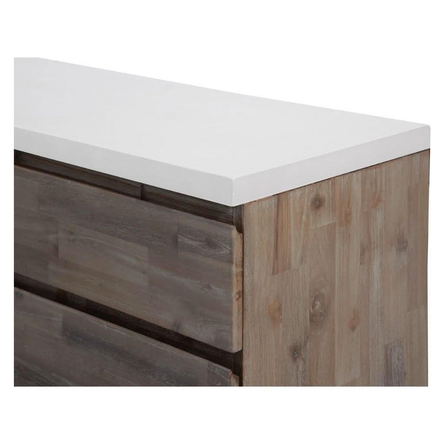 ROSALI white concrete and acacia wood buffet sideboard with 3 drawers and 2 doors, featuring a two-tone modern design.