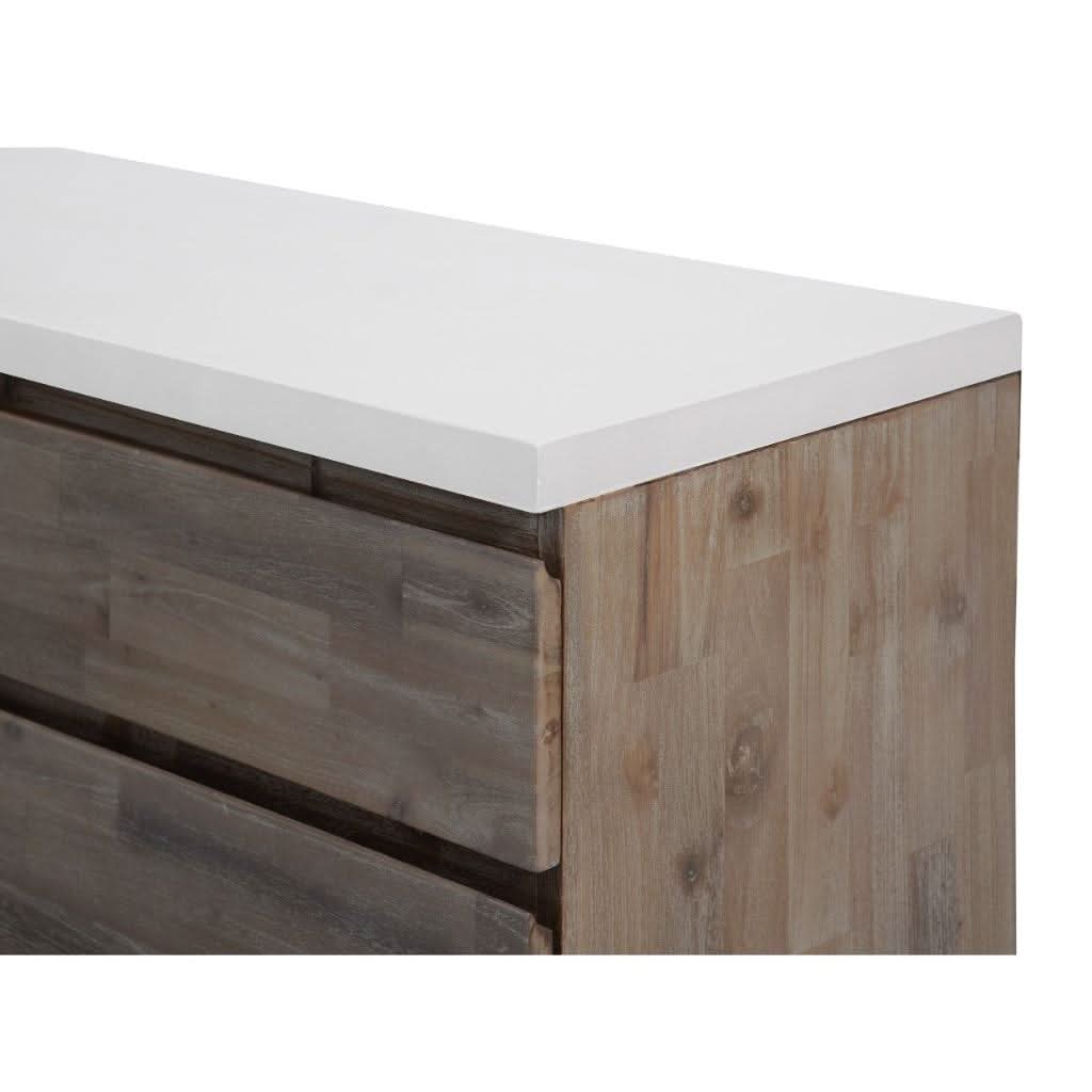 ROSALI white concrete and acacia wood buffet sideboard with 3 drawers and 2 doors, featuring a two-tone modern design.