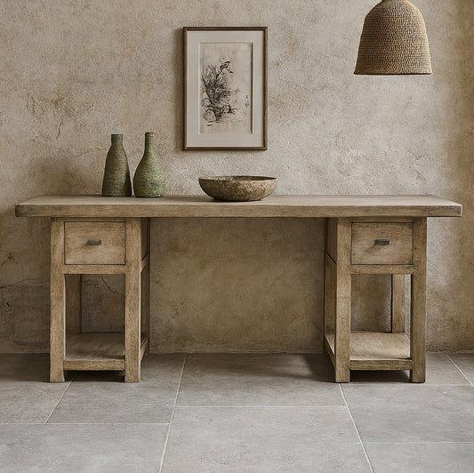 BAIRD TWIN PEDESTAL HOME OFFICE WITH DISTRESSED FINISH - WEATHERED GREY - MyChocolateWood