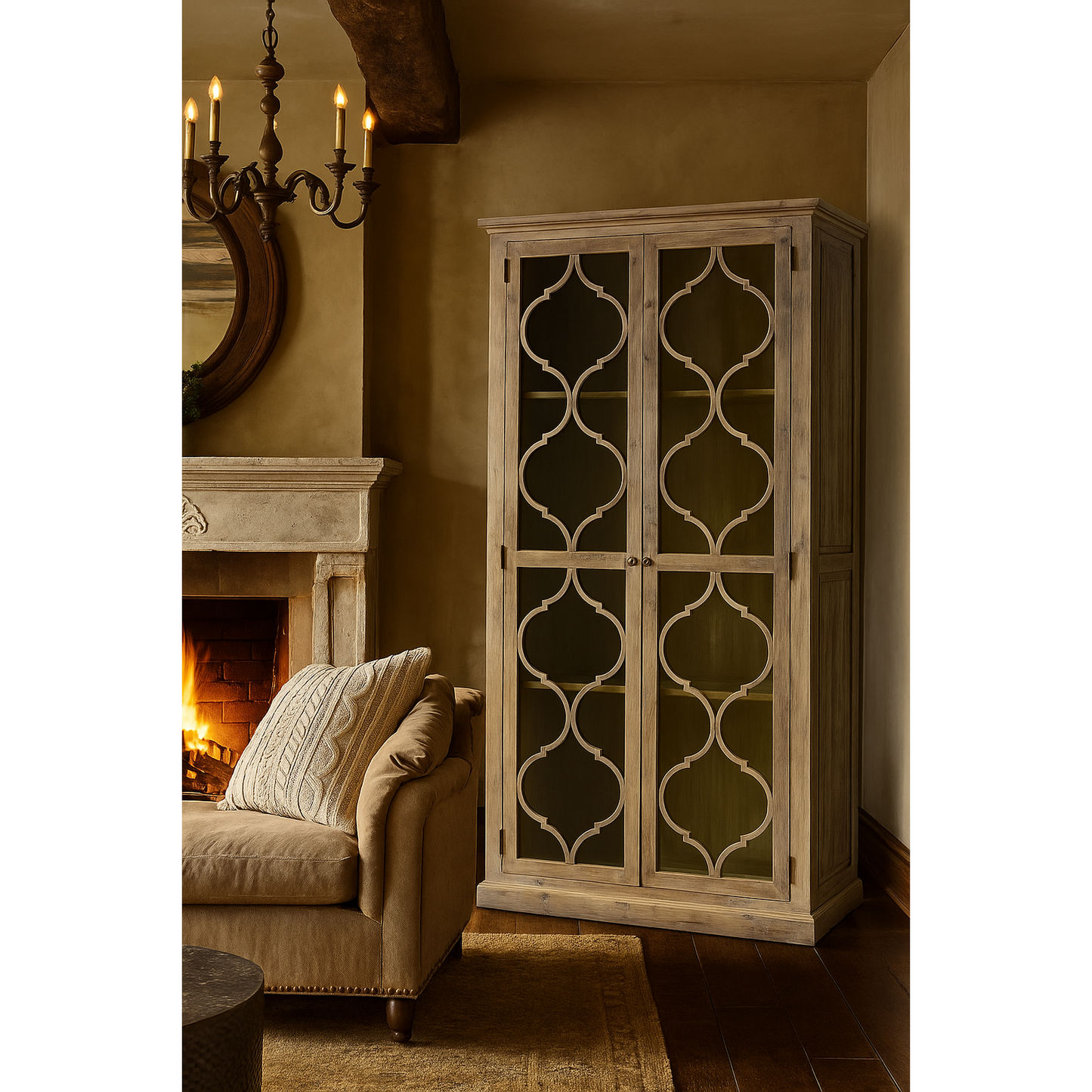 Reina Greywashed Recycled Timber 2-Door Bookcase Display Cabinet with Heritage Metal Panels - Chocolate Wood