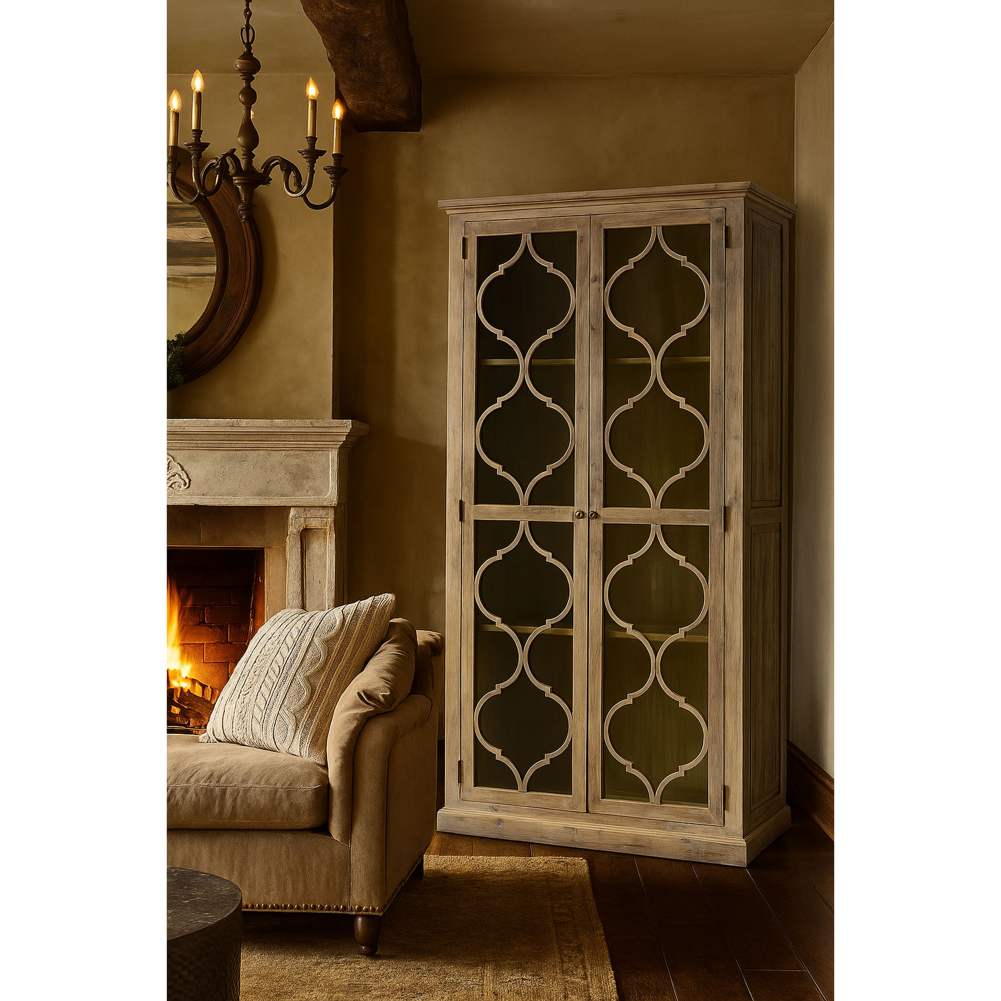 Reina Greywashed Recycled Timber 2-Door Bookcase Display Cabinet with Heritage Metal Panels - Chocolate Wood