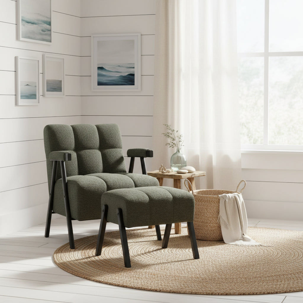 PELLERIN FABRIC ARMCHAIR & MATCHING STOOL DARK GREEN - MyChocolateWood