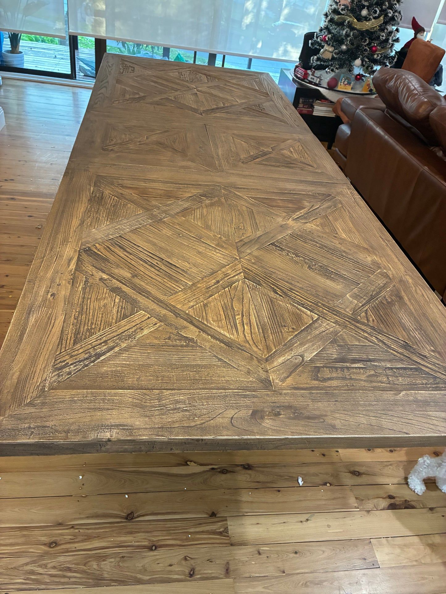HARLOW PARQUET RECLAIMED ELM DOUBLE EXTENSION DINING TABLE WITH PEDESTAL BASE 210/260/310CM NATURAL ELM - MyChocolateWood